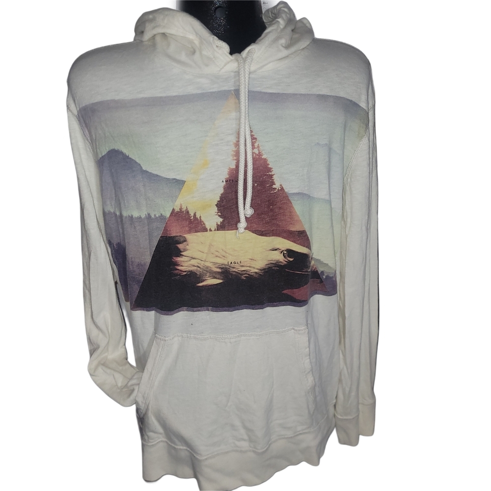 American Eagle White Pullover Graphic Scenic Lightweight Hoodie Size L